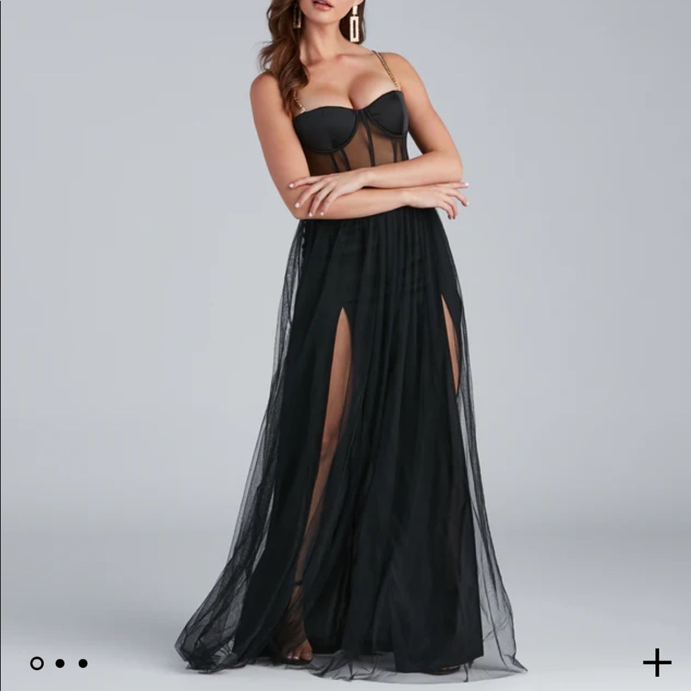 Black Mesh Bustier Windsor Maxi Dress with Gold Chain Straps